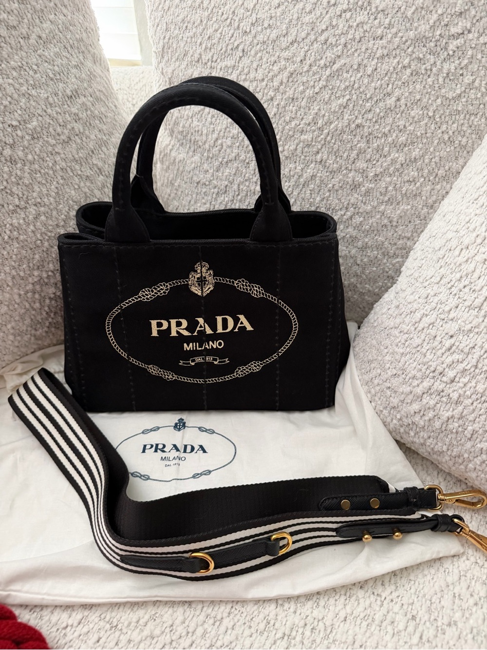 Prada Black Canvas Tote with Gold Logo - Picture 3 of 15